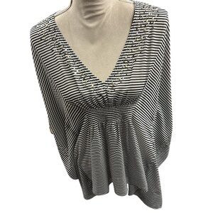 Boston Proper Black and White Striped V-Neck Blouse